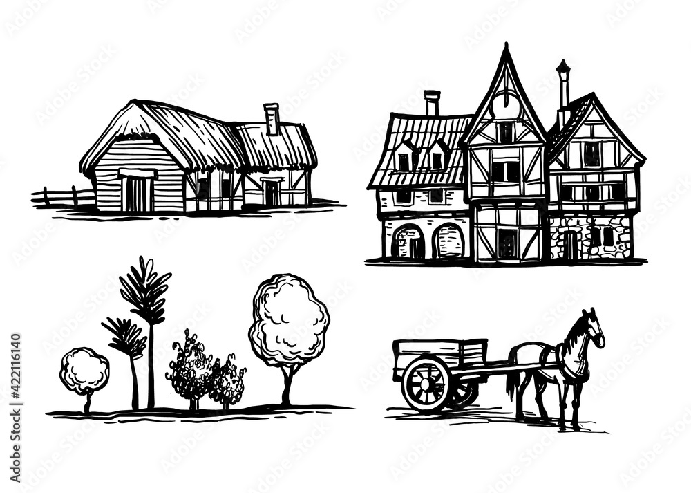 Wall mural Ink sketches set of rural scenes.