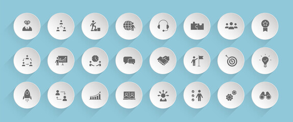 teamwork vector icons on round puffy paper circles with transparent shadows on blue background. teamwork stock vector icons for web, mobile and user interface design