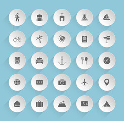 travel vector icons on round puffy paper circles with transparent shadows on blue background. travel stock vector icons for web, mobile and user interface design