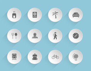 travel vector icons on round puffy paper circles with transparent shadows on blue background. travel stock vector icons for web, mobile and user interface design