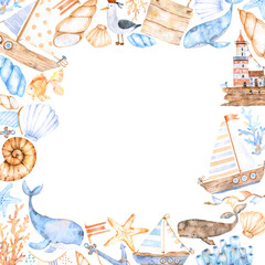 Square frame with watercolor marine elements of seashells, corals and starfishes in blue and beige tones. Great for cards, posters, coupons, baby products, decorative paper, and any design.