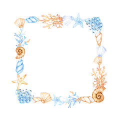 Square frame with watercolor marine elements of seashells, corals and starfishes in blue and beige tones. Great for cards, posters, coupons, baby products, decorative paper, and any design.
