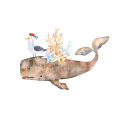 Marine watercolor composition with brown sperm whale, colorful seashells, corals and seagull in blue and beige tones. Great for postcards, posters, coupons, baby products, decorative paper.