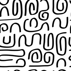Seamless pattern with variety abstract shapes, lines, strokes, stripes. Background drawn with ink and marker in hand drawn style. Illustrations with natural texture in the Scandinavian style. Vector