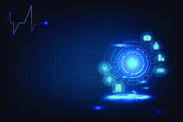 Abstract Medical technology with medicine icon on dark blue background. Template of biology and chemical line and dot connection. Hearth rate pulse line with blank space. Blue and clean scientific.