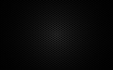 Metal mesh. Black perforated texture. Carbon backdrop with gradient light. Dark sheet metal. Steel plate with cells. Futuristic material. Vector illustration