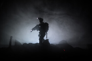 Anti-riot police give signal to be ready. Government power concept. Police in action. Smoke on a...