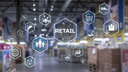 Retail Marketing Channels E-commerce. Shopping automation on blurred supermarket background 2021