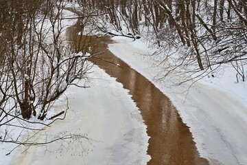 winding river or stream between trees of winter forest for spring landscape