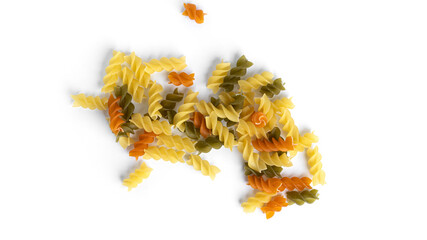 Colorful fusilli pasta isolated on a white background.