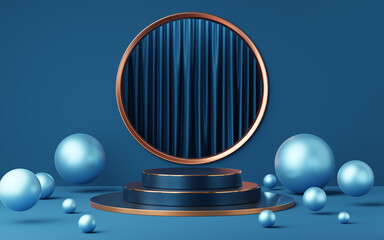 Empty blue and black cylinder podium with copper border, ball on gold circle arch, curtain background. Abstract minimal studio geometric shape. Pedestal mockup space for product design. 3d rendering.