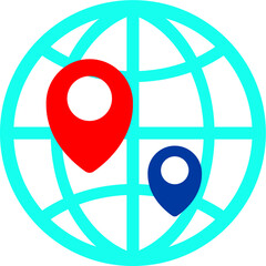 Globe symbol and navigation marker on it. Icon geolocation and destination path. Vector illustration in flat style.