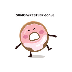 Funny  vector  flat cartoon kid's character sticker, illustration, mascot, icon, emoji  of pink glazed sumo wrestler donut