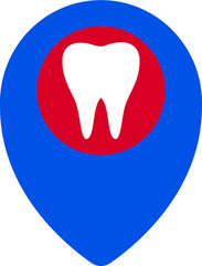 Geolocation icon. Fashionable logo concept of a blue geolocation silhouette on a white background with a tooth in the middle. Symbol of dentistry. Vector illustration.