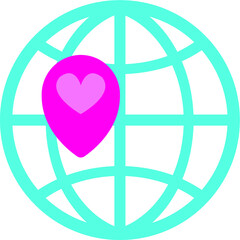 Globe symbol and navigation marker on it. Pointer in the form of a red heart. Travel to family or to love. Icon geolocation and destination path. Vector illustration in flat style.