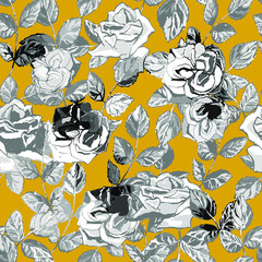 Seamless pattern with large black and white roses on a yellow background. Twigs with rose leaves, lush roses. Square vector illustration. Endless floral print background. Eps 10.