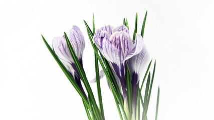 blooming spring primroses purple flowers crocuses on a white background