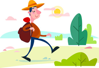Obraz na płótnie Canvas Tourist traveler with a backpack goes on the road. Hiking in nature. Vector illustration in cartoon style.