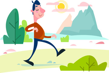 A man is walking along the road clipart cartoon character. Walk in the fresh air in nature. Vector illustration in cartoon style.