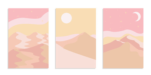 Desert abstract boho landscape with sun and moon in pink color. Abstract vector contemporary aesthetic background in Earth tones. Set of posters.