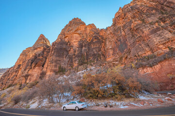 Beautiful landscapes, views of incredibly picturesque rocks and mountains in Zion National Park,...