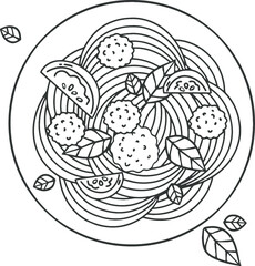 Graphic image in the form of coloring. Pasta with meatballs is a traditional food of Italy and Spain. Vector illustration in cartoon style.