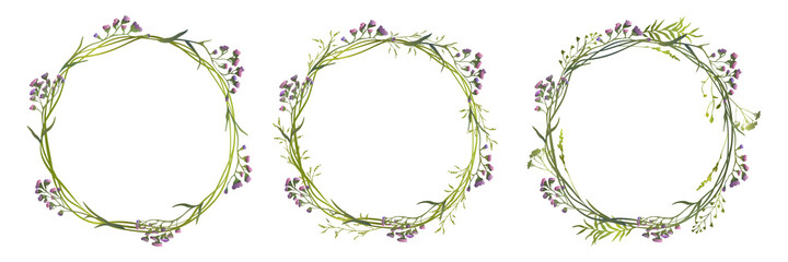 Set of lilac limonium wreaths with wild herbs. Vector illustration