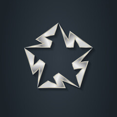 Silver star, logo made of lightnings. Award, 3d icon. Metallic logotype template. Volume Vector illustration.