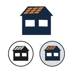 Simple vector icon of the home with photovoltaic cell on the roof.  Set of round black and white and color symbols of the building with solar panel