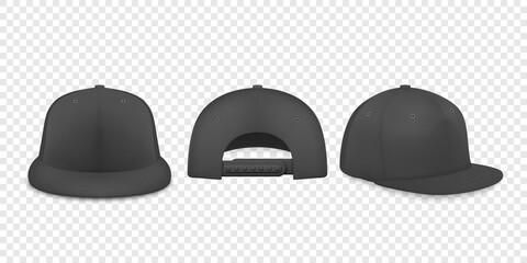 Vector 3d Realistic Black Blank Baseball Cap, Snapback Cap Icon Set Closeup Isolated on Transparent Background. Design Template, Mock-up for Branding, Advertise. Front, Back, Side View