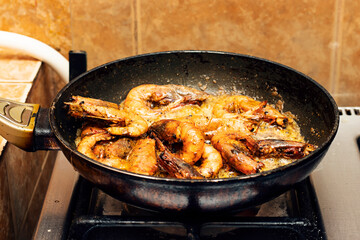 Delicious roasted grilled shrimps on pan