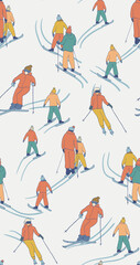 winter seamless pattern with hand drawn skiers In retro colors
