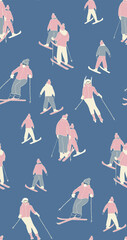 winter seamless pattern with hand drawn skiers In retro colors