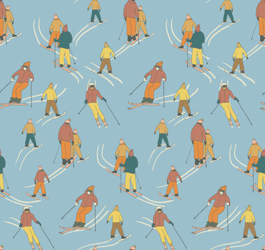 winter seamless pattern with hand drawn skiers In retro colors