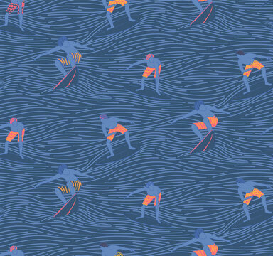 line drwaing.  seamless hand drawn pattern with surfers
