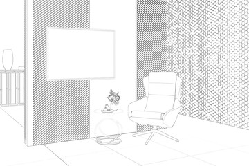 Sketch of the luxury interior with a horizontal poster on the wall panels, a vase with flowers on a coffee table next to an armchair, a tiled floor, and a mosaic in the background. 3d render