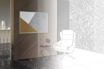 The sketch becomes a real luxury interior with a horizontal poster on wood panels, a vase on a coffee table next to a leather armchair, a marble floor, and a gold mosaic in the background. 3d render
