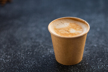 coffee hot fresh in disposable paper cup break meal top view copy space for text food background rustic image