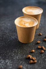 coffee hot fresh in disposable paper cup break meal top view copy space for text food background rustic image