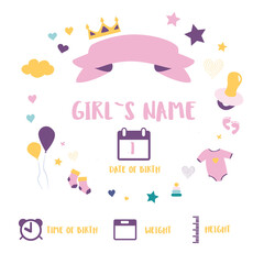 Children's posters, height, weight, date of birth. Cute illustration on white background. Illustration newborn metric for children bedroom.