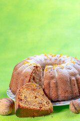 Carrot cake with raisins and walnuts.