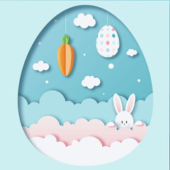 3d abstract paper cut illustration of colourful easter rabbit, clouds, carrot and light blue egg shape. Happy Easter greeting card template. Vector illustration.