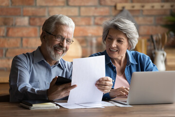 Happy smiling retired family couple do paperwork at home office at kitchen in house pay utility bills online using laptop calculate expenses. Friendly elderly spouses check finance papers plan budget