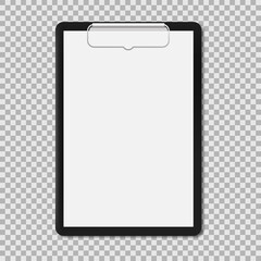 Vector illustration of black clipboard with white blank paper. Clipboard icon. Lined paper. Notebook paper.