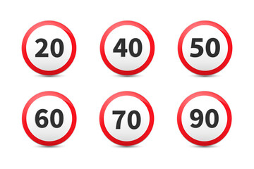 Speed limitation road sign set.Vector illustration isolated on white background.