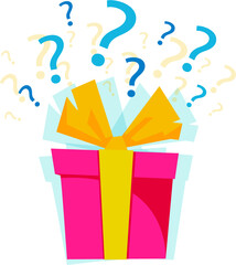A gift in a red box with question marks above it. Vector illustration in cartoon style.