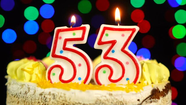 Number 53 Happy Birthday Cake Witg Burning Candles Topper.