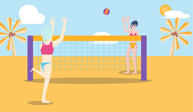 Happy summer. Two women playing sports  Volley on the beach  Playfully.  Vector illustration for sea sports content, beach volleyball, relaxation lifestyle, sea activities, holiday joy.