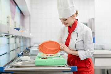 Chef in commercial kitchen preparing meal for delivery