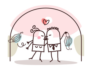 Cartoon Couple contained at Home, loving and kissing
